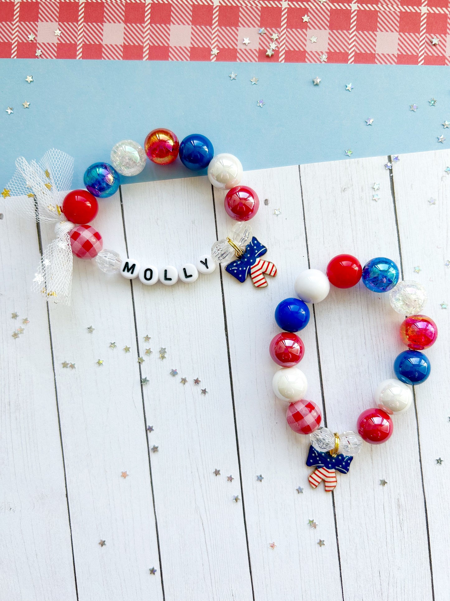 Red White & Blue Bow Beaded Charm Bracelet (SMR-3)