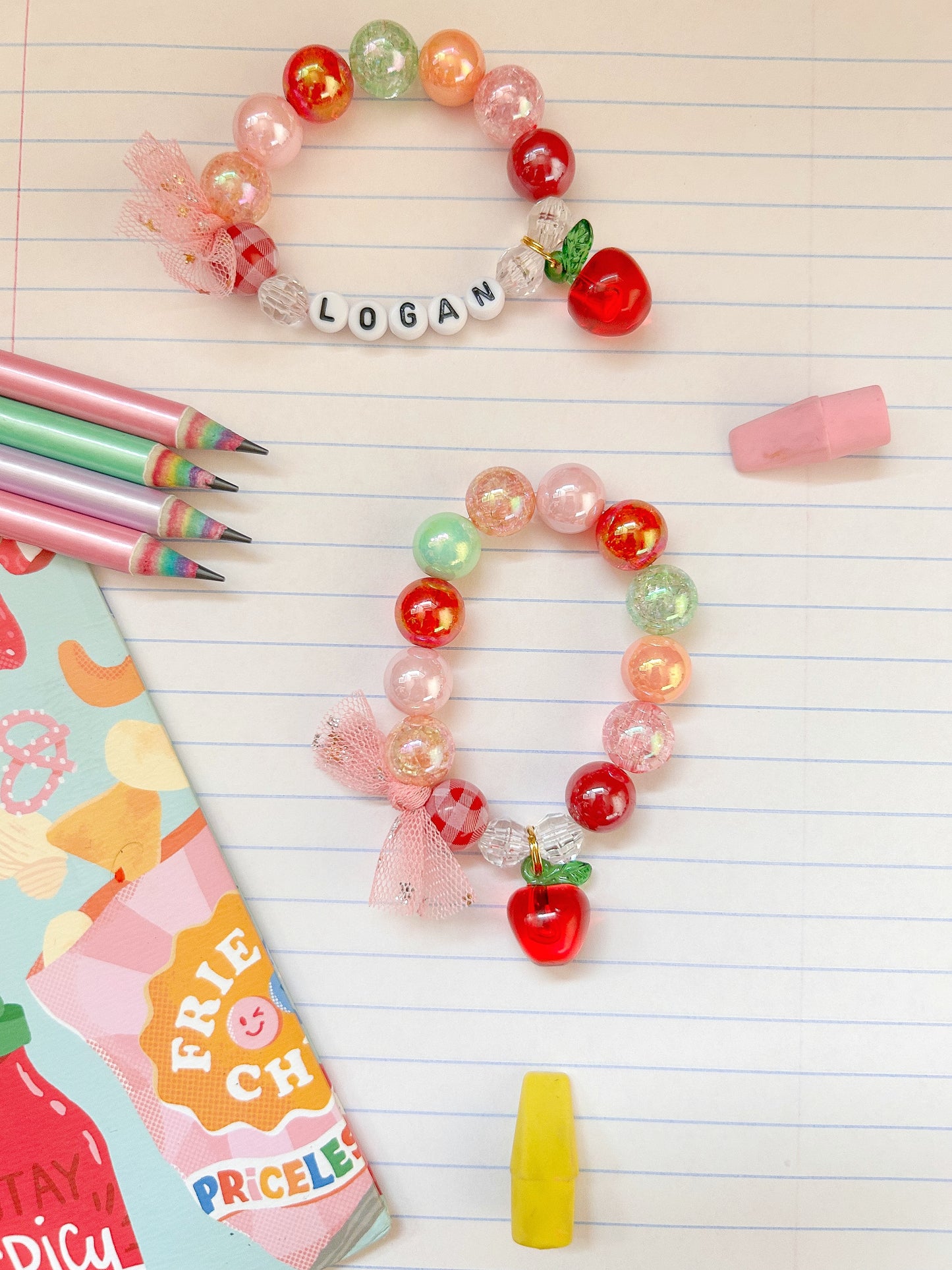 Back to School Apple Beaded Charm Bracelet (BTS-1)