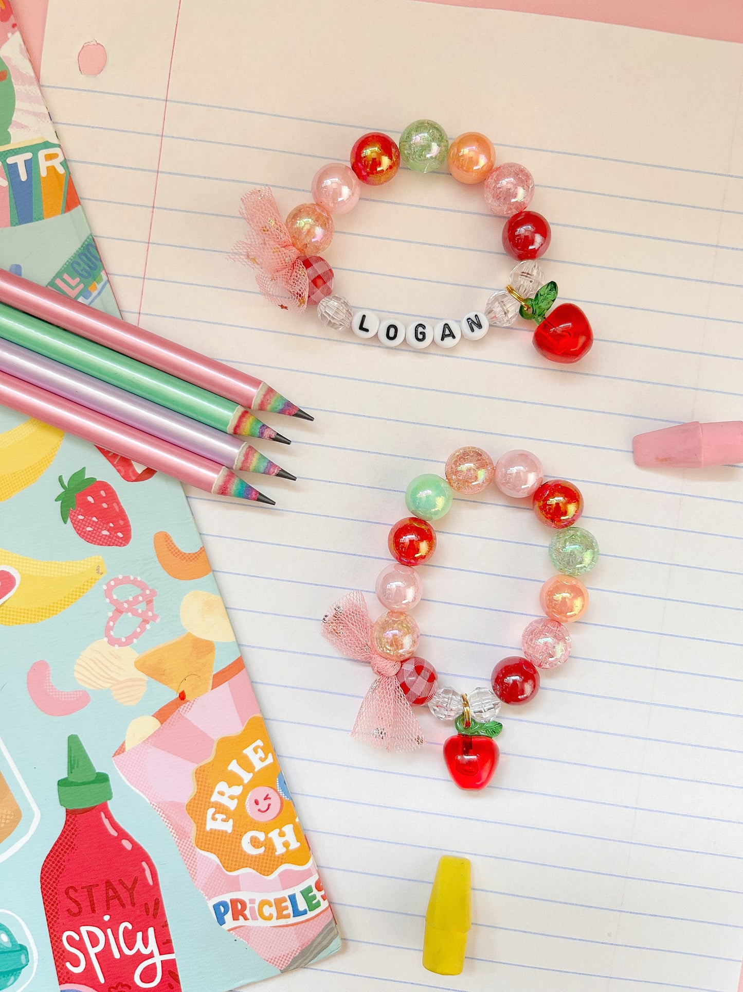 Back to School Apple Beaded Charm Bracelet (BTS-1)
