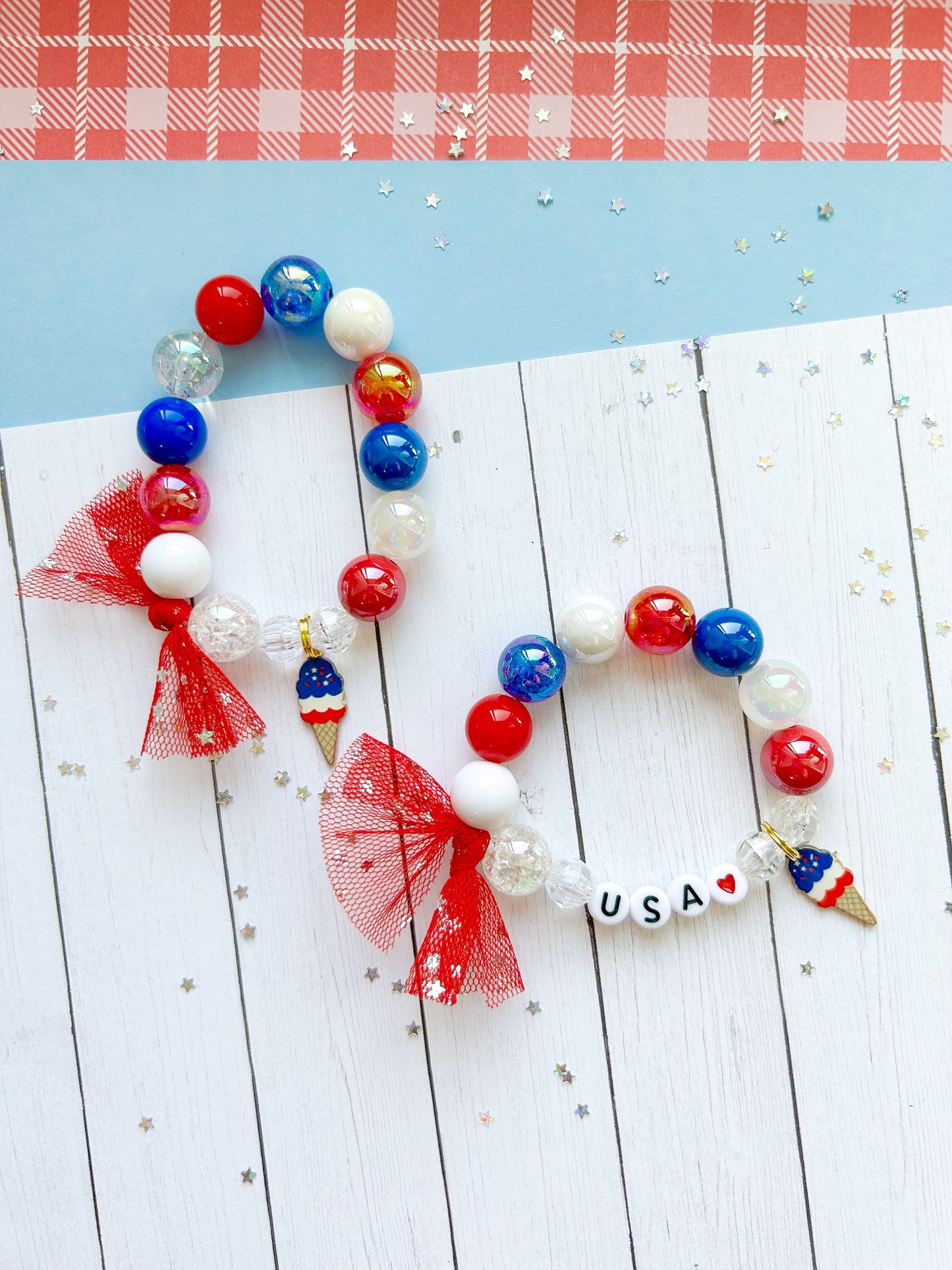 Red White & Blue Ice Cream Beaded Charm Bracelet (SMR-2)