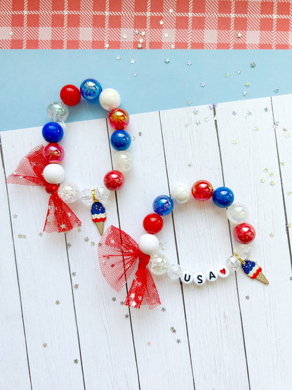Red White & Blue Ice Cream Beaded Charm Bracelet (SMR-2)