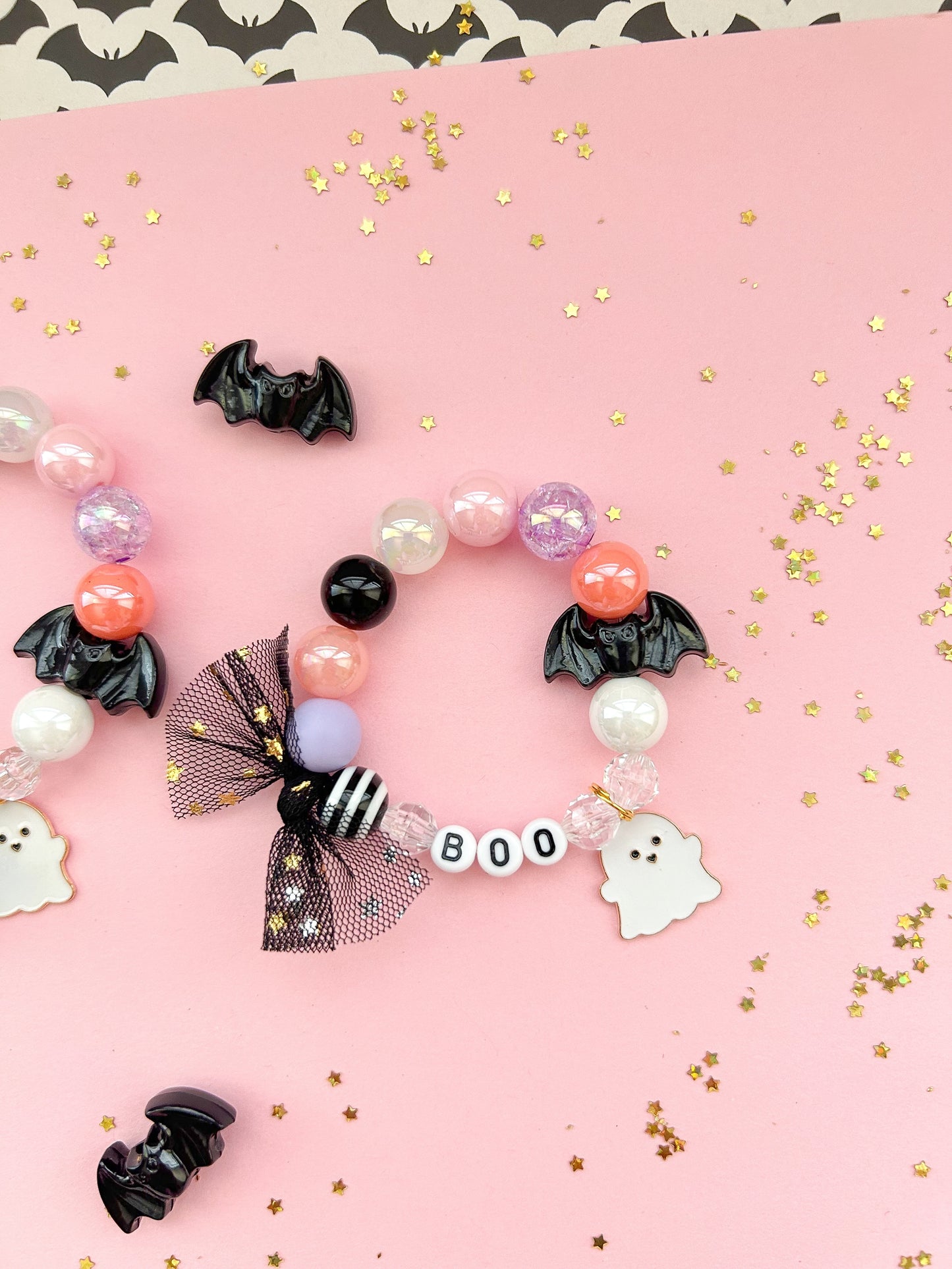 Ghost & Bat BOO Beaded Charm Bracelet (HAL-1)