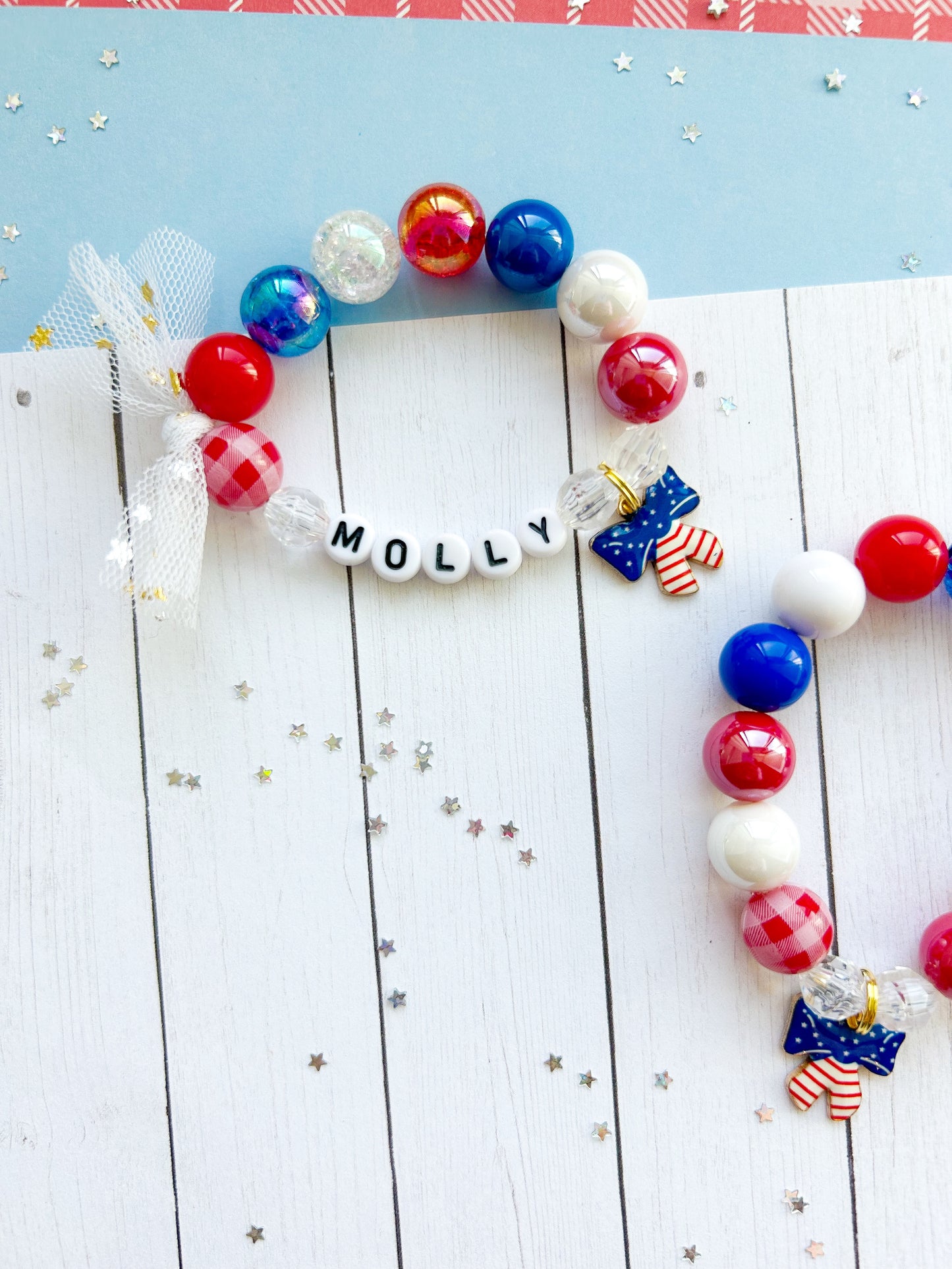 Red White & Blue Bow Beaded Charm Bracelet (SMR-3)