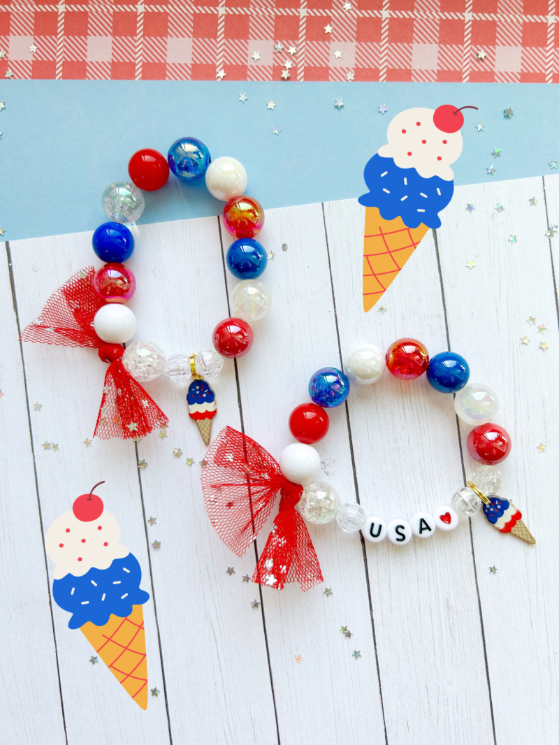 Red White & Blue Ice Cream Beaded Charm Bracelet (SMR-2)