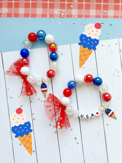 Red White & Blue Ice Cream Beaded Charm Bracelet (SMR-2)