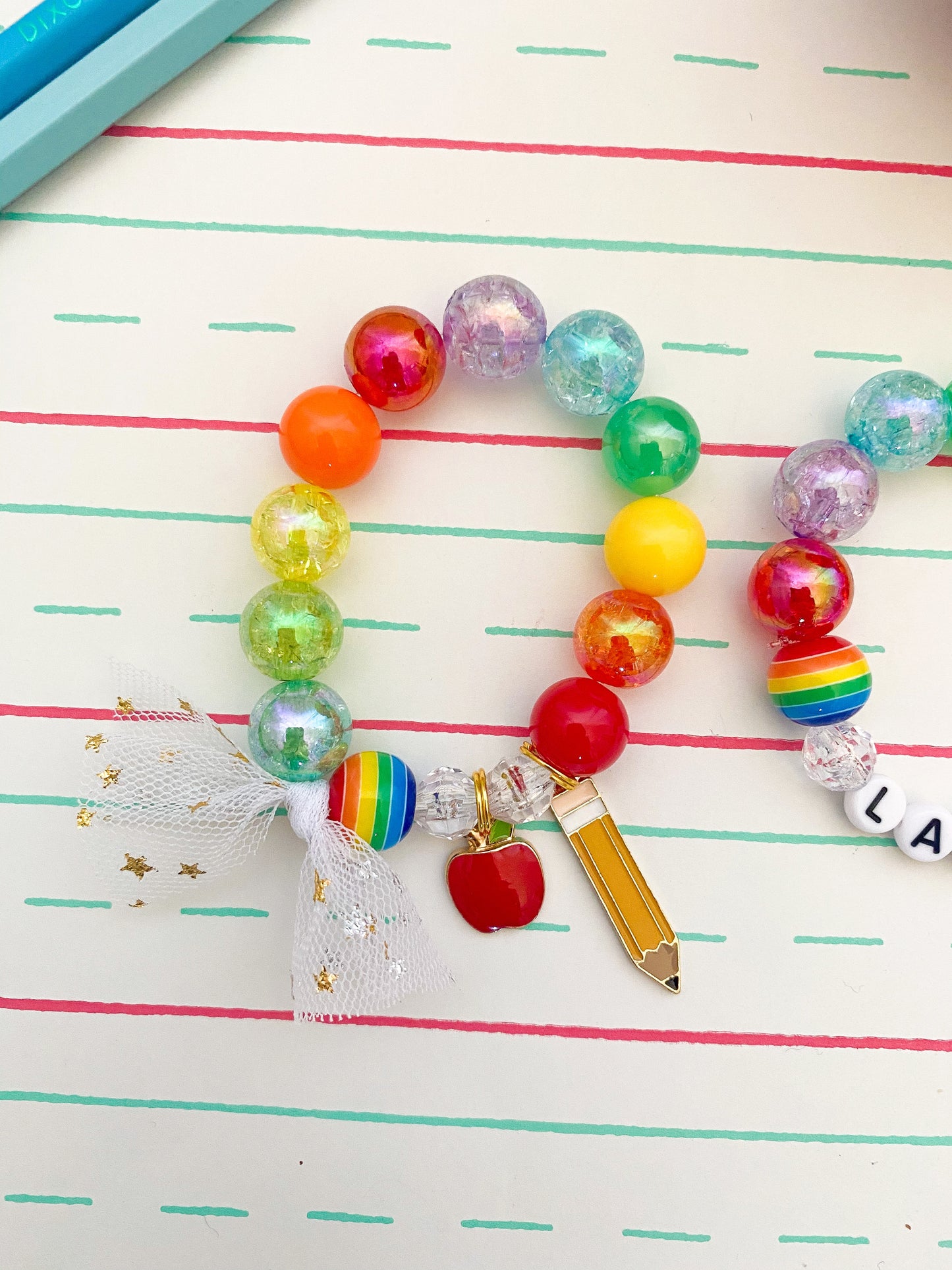 Back to School Pencil & Apple Beaded Charm Bracelet   (BTS-3)