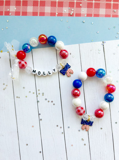 Red White & Blue Bow Beaded Charm Bracelet (SMR-3)