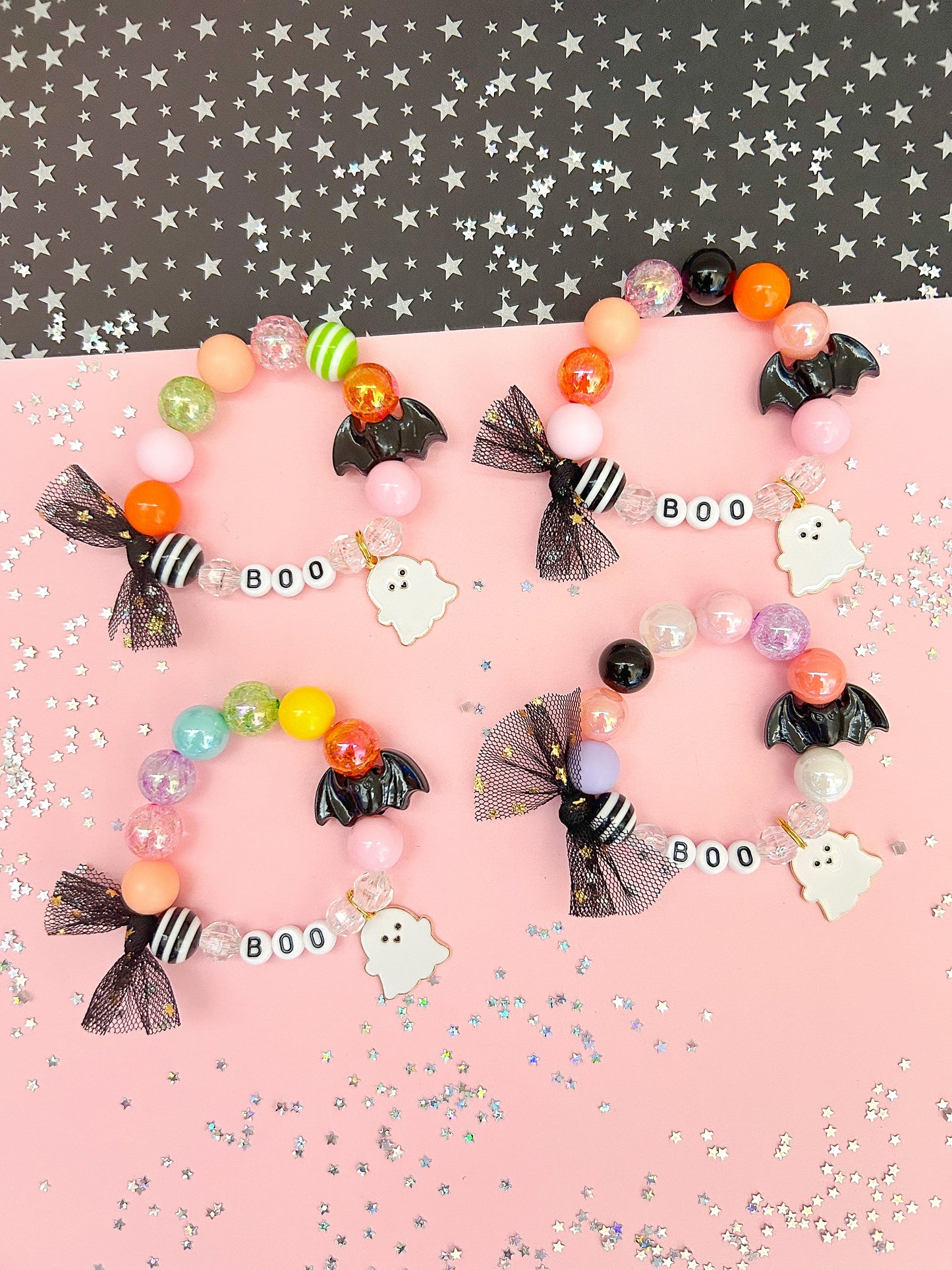 Ghost & Bat BOO Beaded Charm Bracelet (HAL-1)