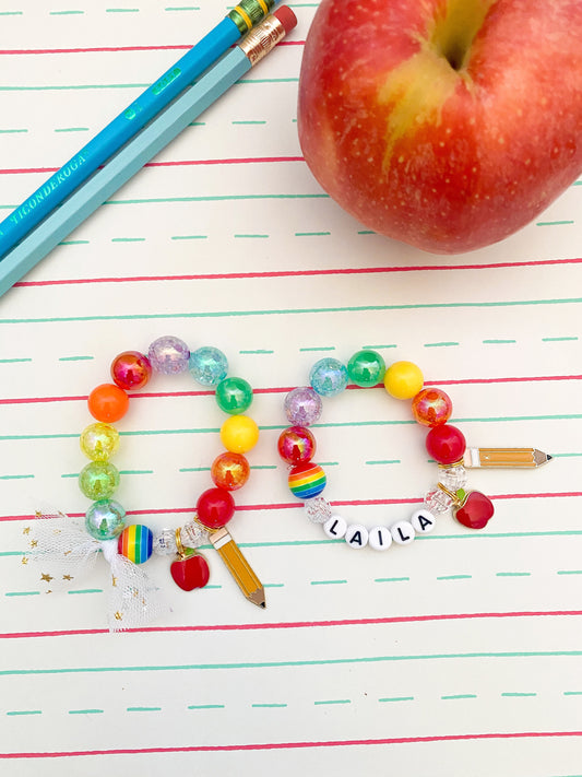 Back to School Pencil & Apple Beaded Charm Bracelet   (BTS-3)