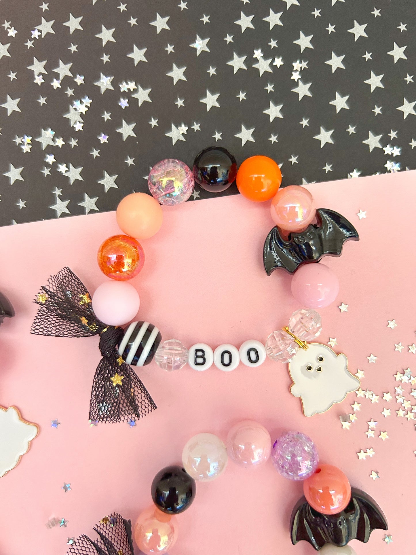 Ghost & Bat BOO Beaded Charm Bracelet (HAL-1)