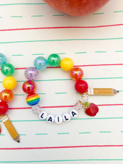 Back to School Pencil & Apple Beaded Charm Bracelet   (BTS-3)