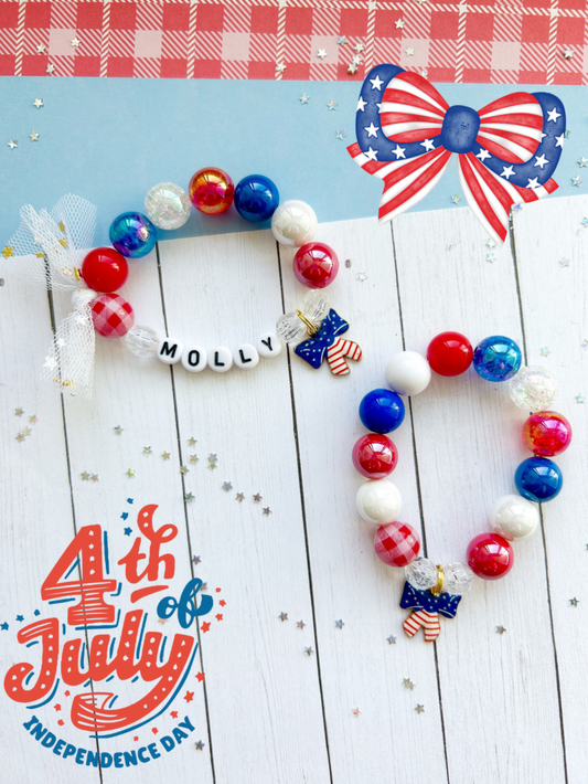 Red White & Blue Bow Beaded Charm Bracelet (SMR-3)