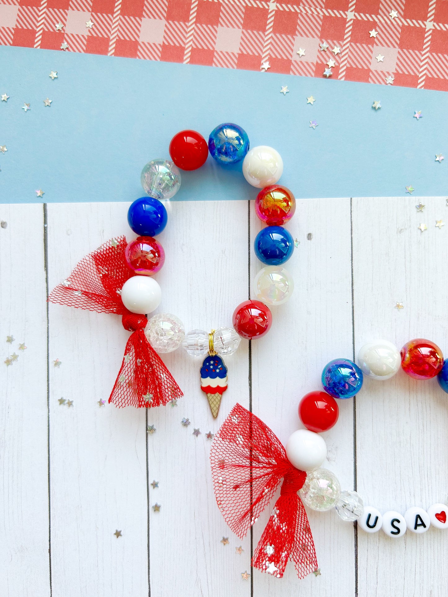 Red White & Blue Ice Cream Beaded Charm Bracelet (SMR-2)