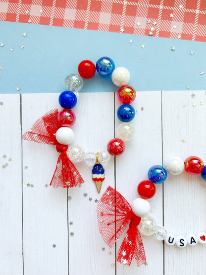 Red White & Blue Ice Cream Beaded Charm Bracelet (SMR-2)